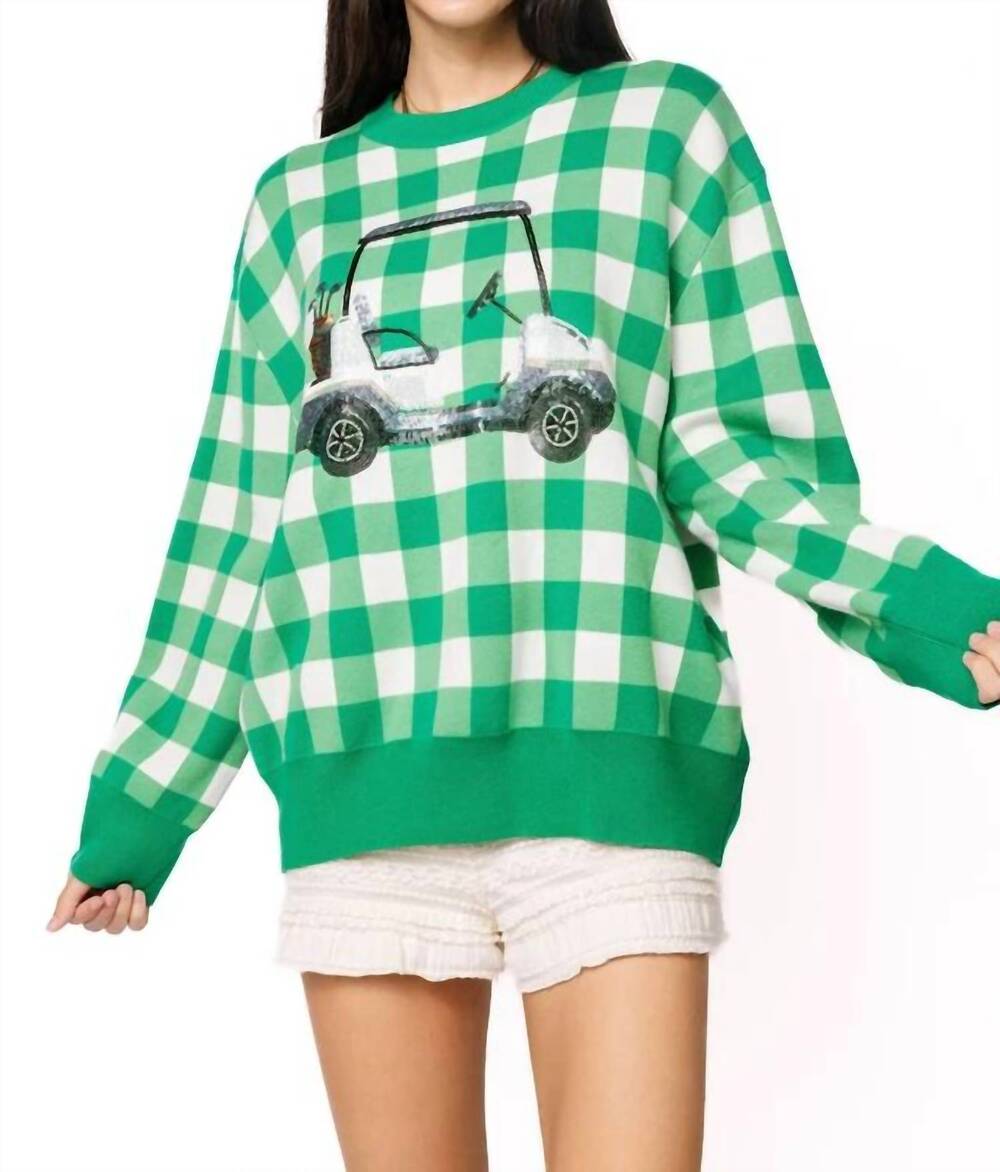 NEW QUEEN OF SPARKLES checkered golf cart sweater in green white